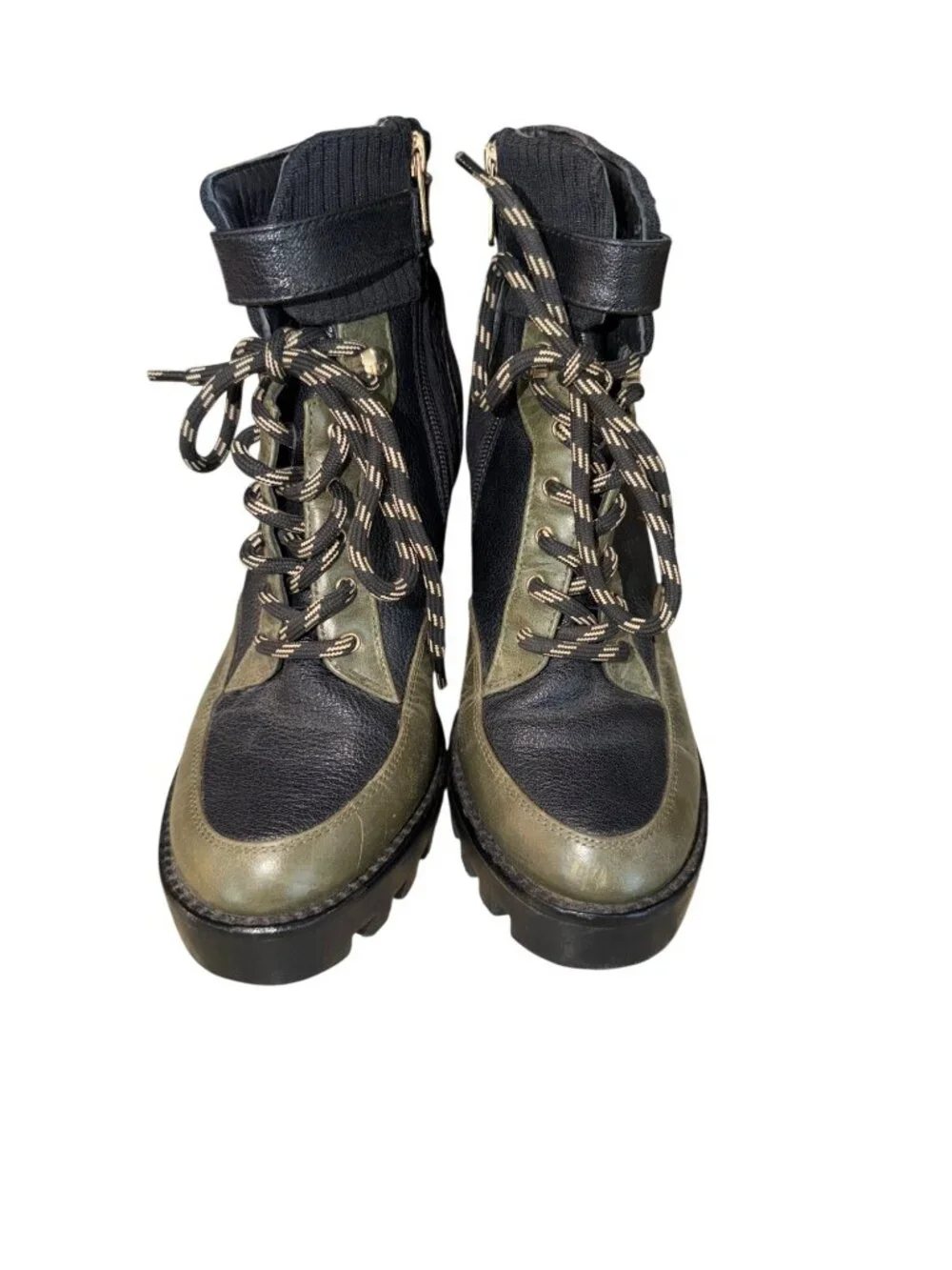 Antonio Melani Lug Sole Leather Lace-Up Ankle Boots Black/Green Womens 8 Modern